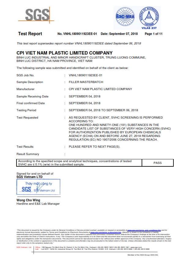 Chứng chỉ Chứng chỉ SGS của Nhựa CPI Việt Nam