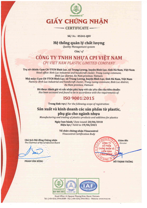 Chứng chỉ ISO 9001:2015 của Nhựa CPI Việt Nam