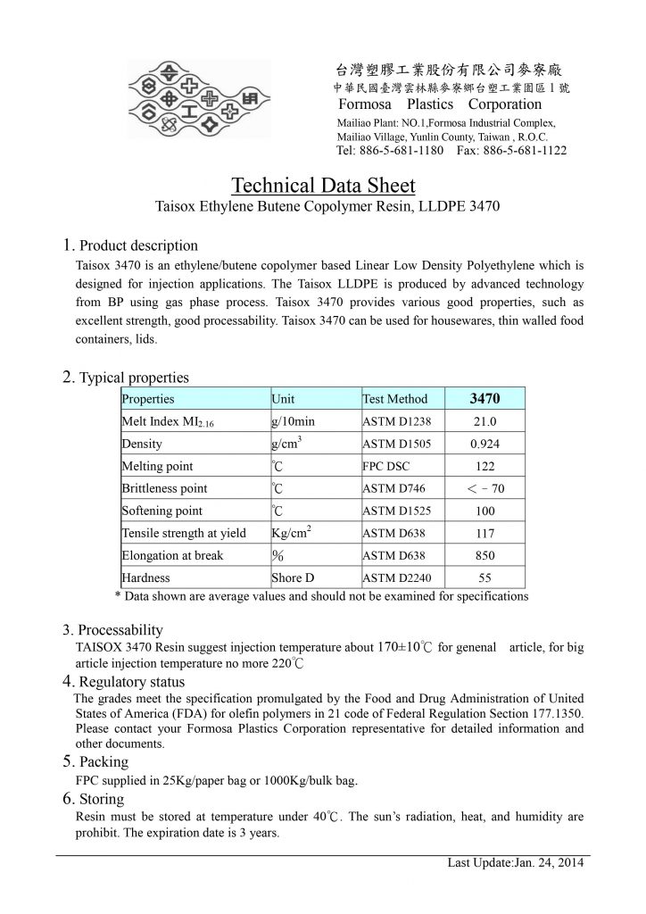 Thông số kỹ thuật nhựa LLDPE 3470