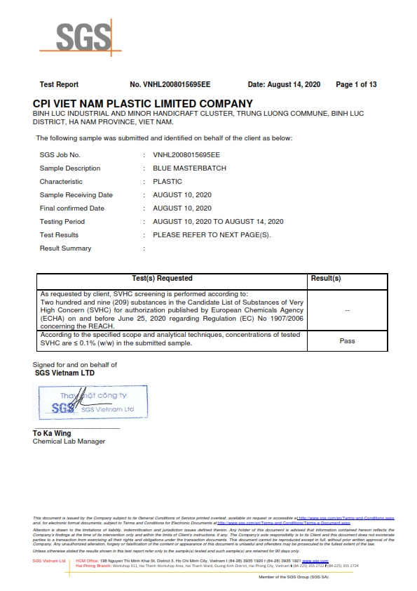 Chứng chỉ REACH – Blue Masterbatch của Nhựa CPI Việt Nam